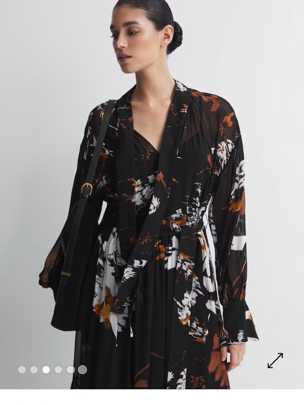 REISS Charolette Black Floral-Print Midi Dress with Rust Accents - Picture 3 of 10
